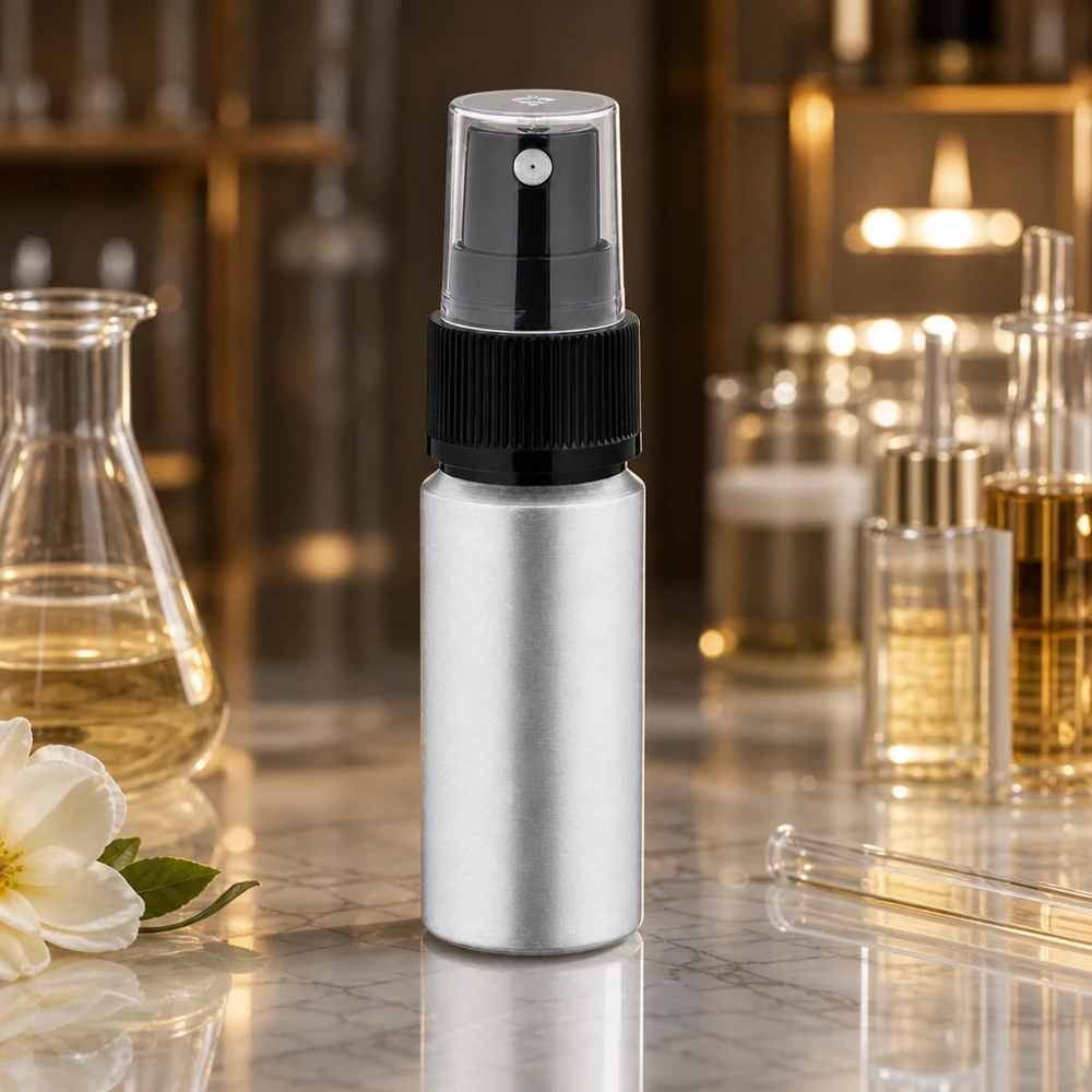20 ml aluminium fles gebeitst incl. pompverstuiver zwart Hoogwaardige aluminium fles van 20 ml met chemicaliënbestendige verstuiver voor natuurlijke cosmetica