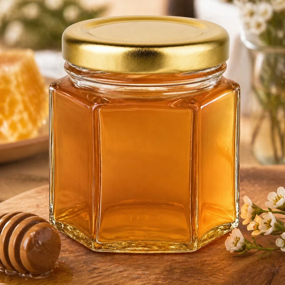 60g Honigglas gefüllt mit goldenem Honig neben Holzlöffel und Blüten auf rustikalem Holztisch dekoriert