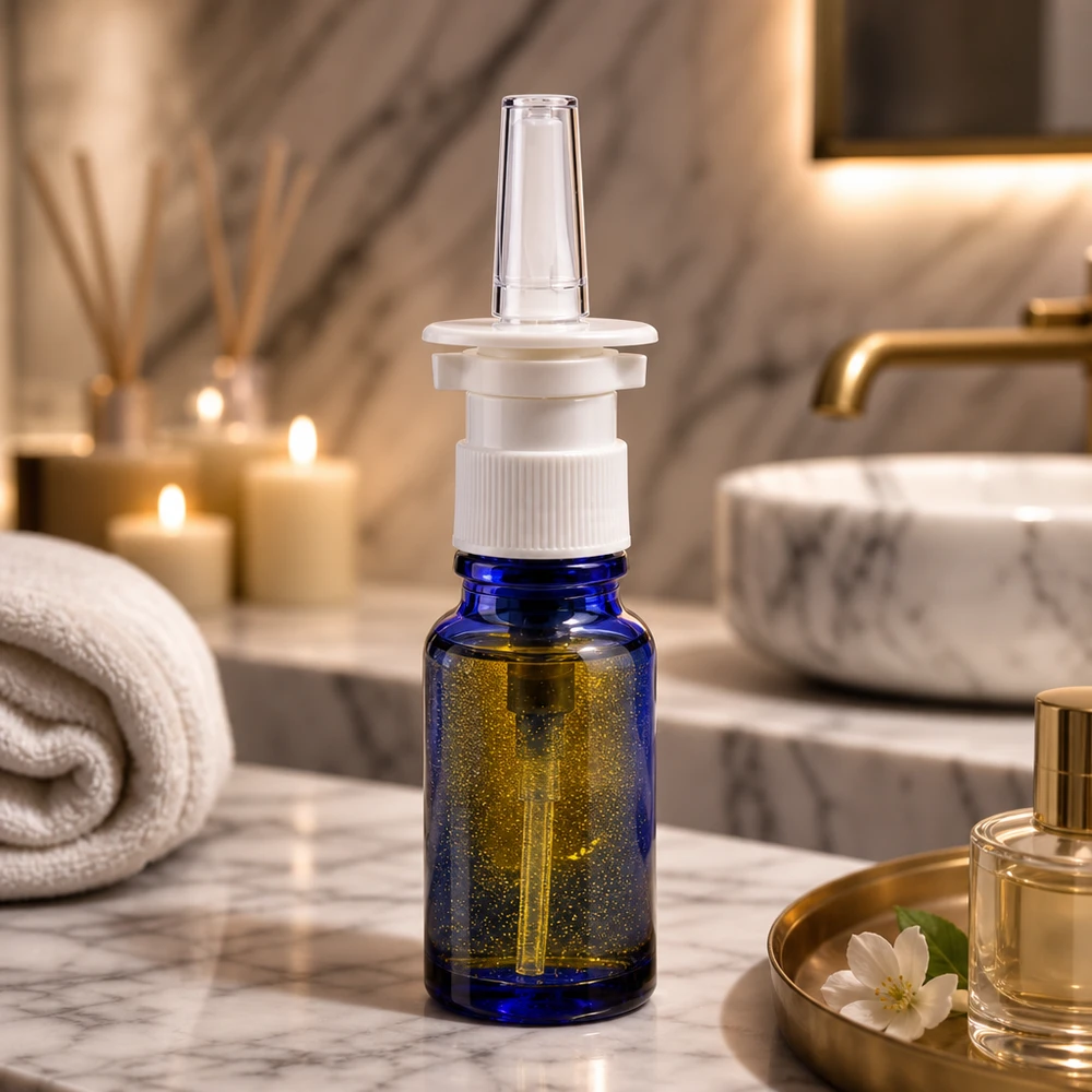 Blauwe glazen flessen 10ml met neusverstuiver Neussprayflesje van 10 ml van blauw ApoGlas met een ergonomische witte spuitkop