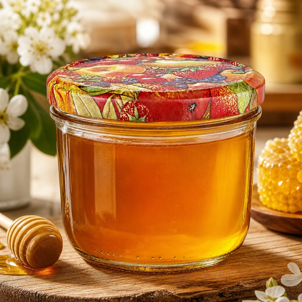 230ml bekers met BasicSeal deksel Fruit decor UNiTWIST 230 ml bekers gevuld met honing en kleurrijke BasicSeal fruitdecor deksel naast honinglepel en honingraat