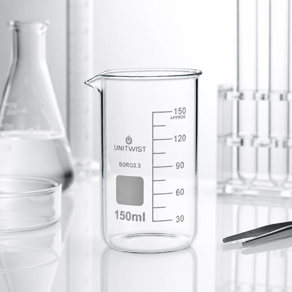 Productfoto UNITWIST bekerglas 150 ml, borosilicaatglas, hoge vorm met ml-schaalverdeling tot ca. 150