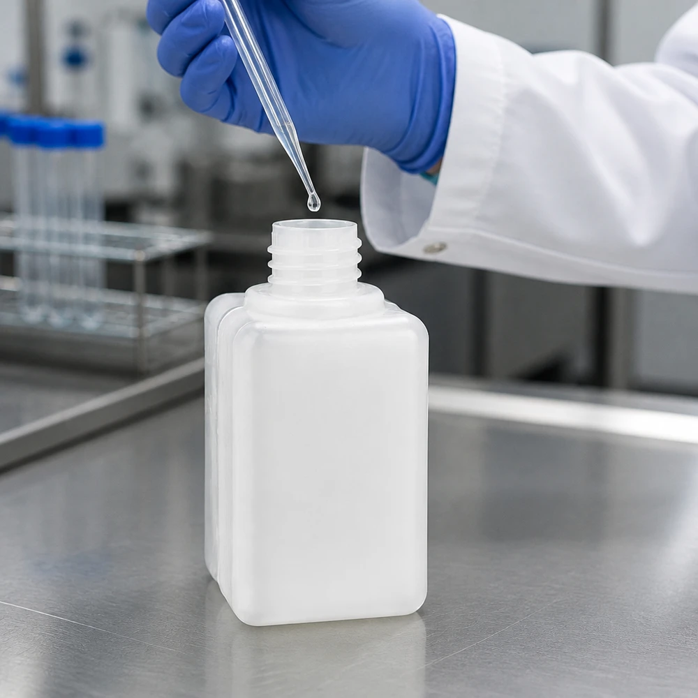 Chemicaliënfles 50 ml, nauwe hals Kleine doorzichtige kunststof flesjes met smalle hals, 50 ml, GL 18, voor het nauwkeurig afvullen van reagentia