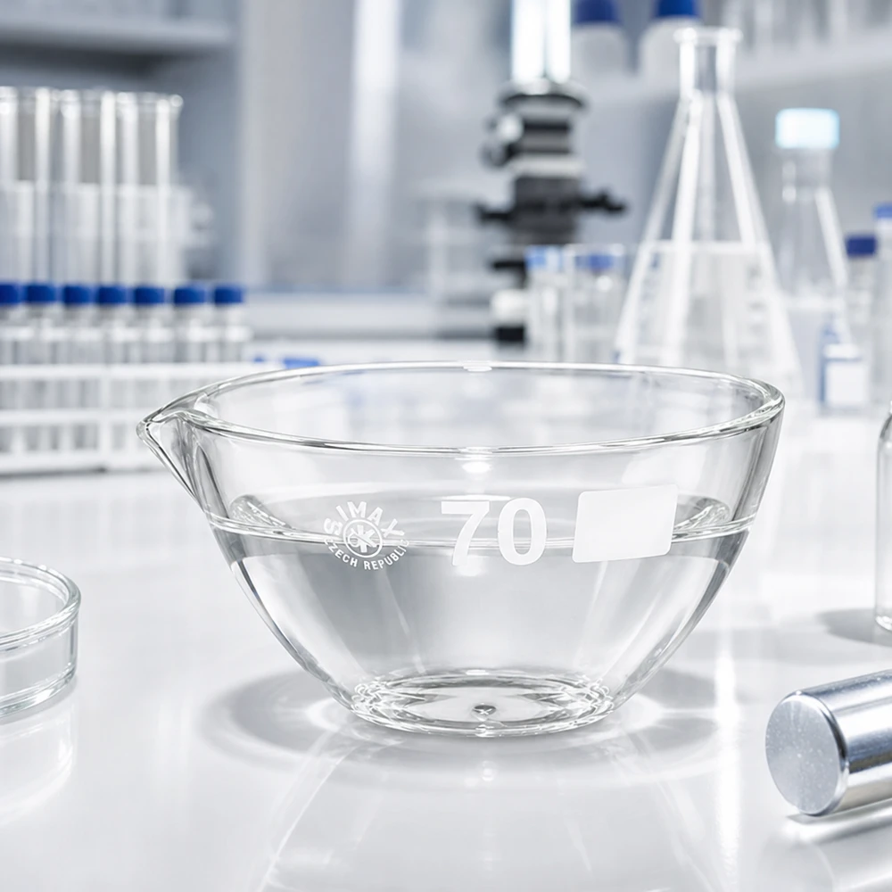 Ergonomisch laboratoriumschaaltje 60ml met praktische tuit van breukvast borosilicaatglas ø70mm