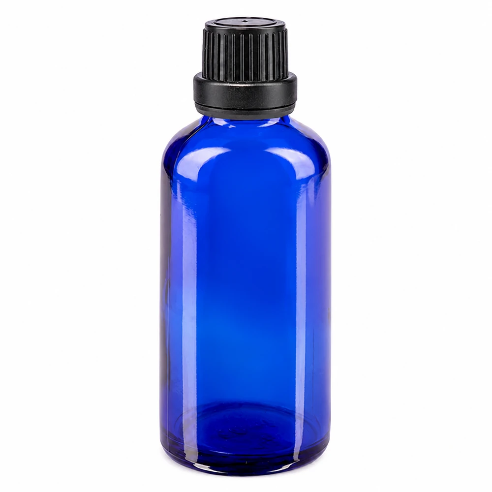 Blauwe glazen flessen 50ml met zwart schroefsluiting dicht. VR 50 ml medicijnflesje van blauw glas, SV OV zwart, 11 mm, voor druppels en tincturen