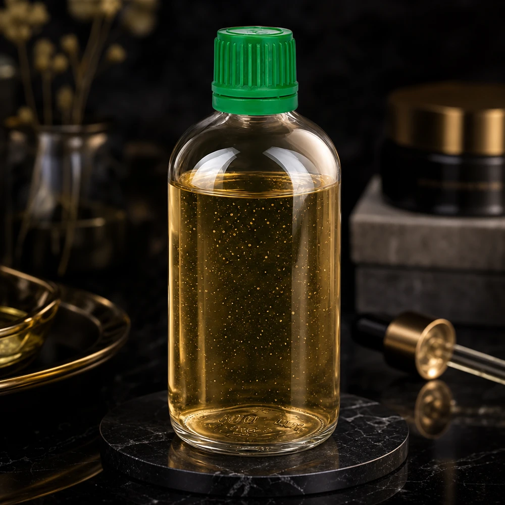 Gouden olie met glitters in een glazen fles van 100 ml, ClearLine UT18, met groene schroefdop van 11 mm