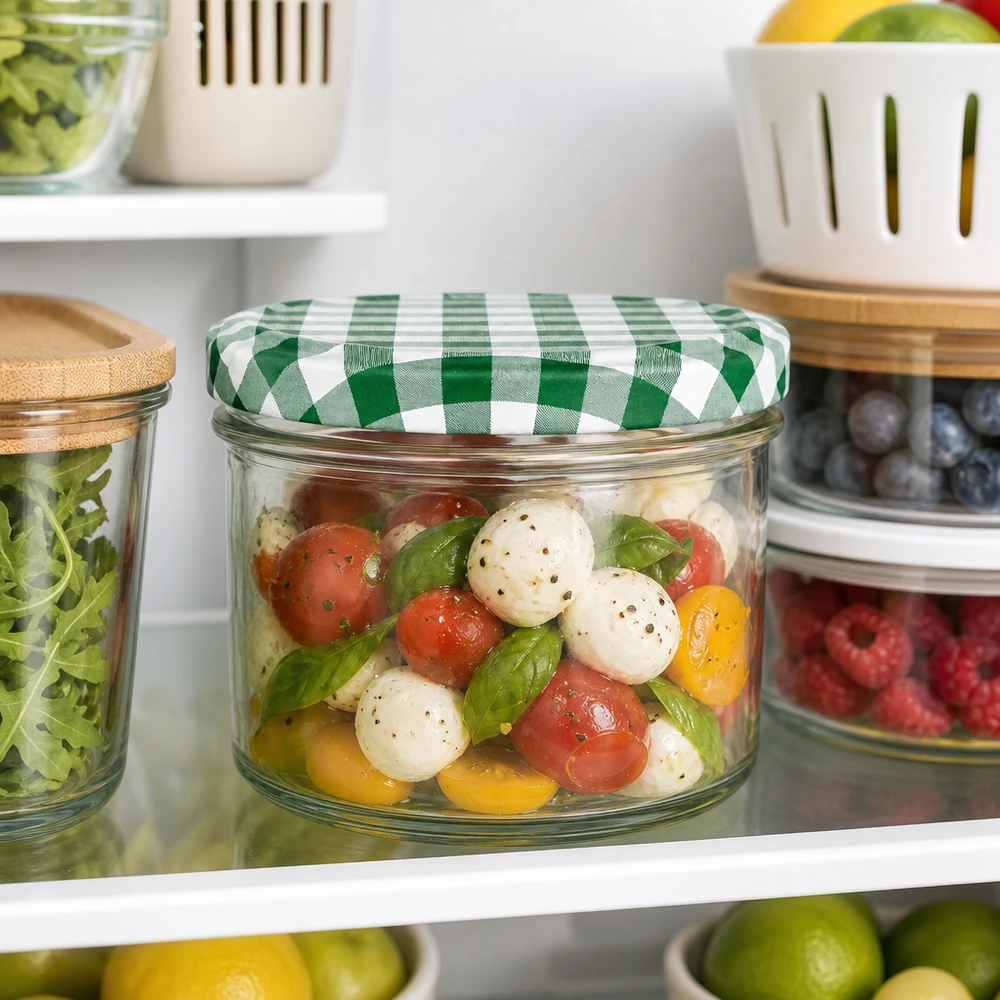 225 ml glazen pot met groen en wit geruit deksel gevuld met Caprese salade in de koelkast tussen andere voorraadpotten