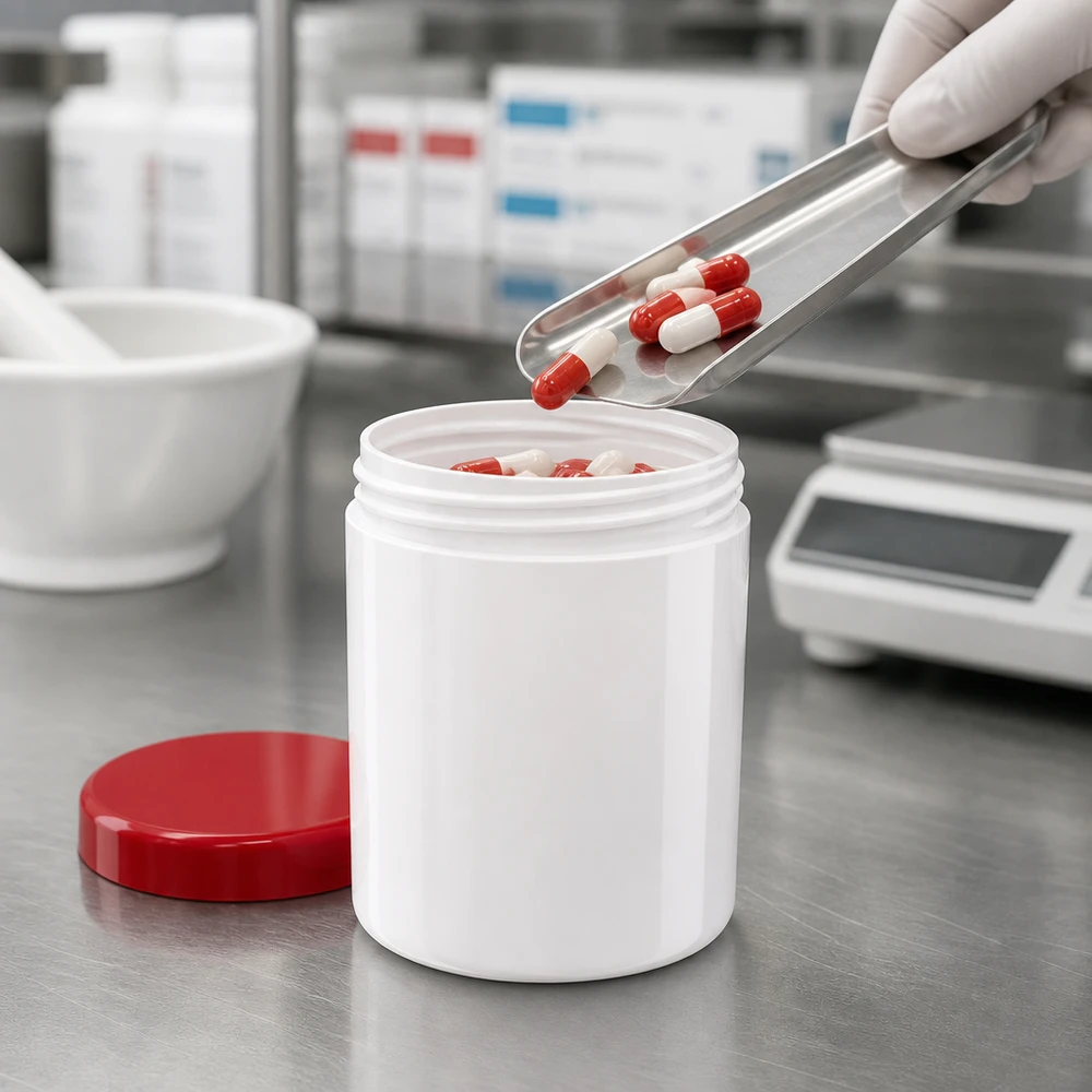 Zalfpot 50 g wit met rood schroefdeksel (PP) Opbergdoosje voor capsules van wit polypropyleen, 50 g, met kindveilige rode schroefdop