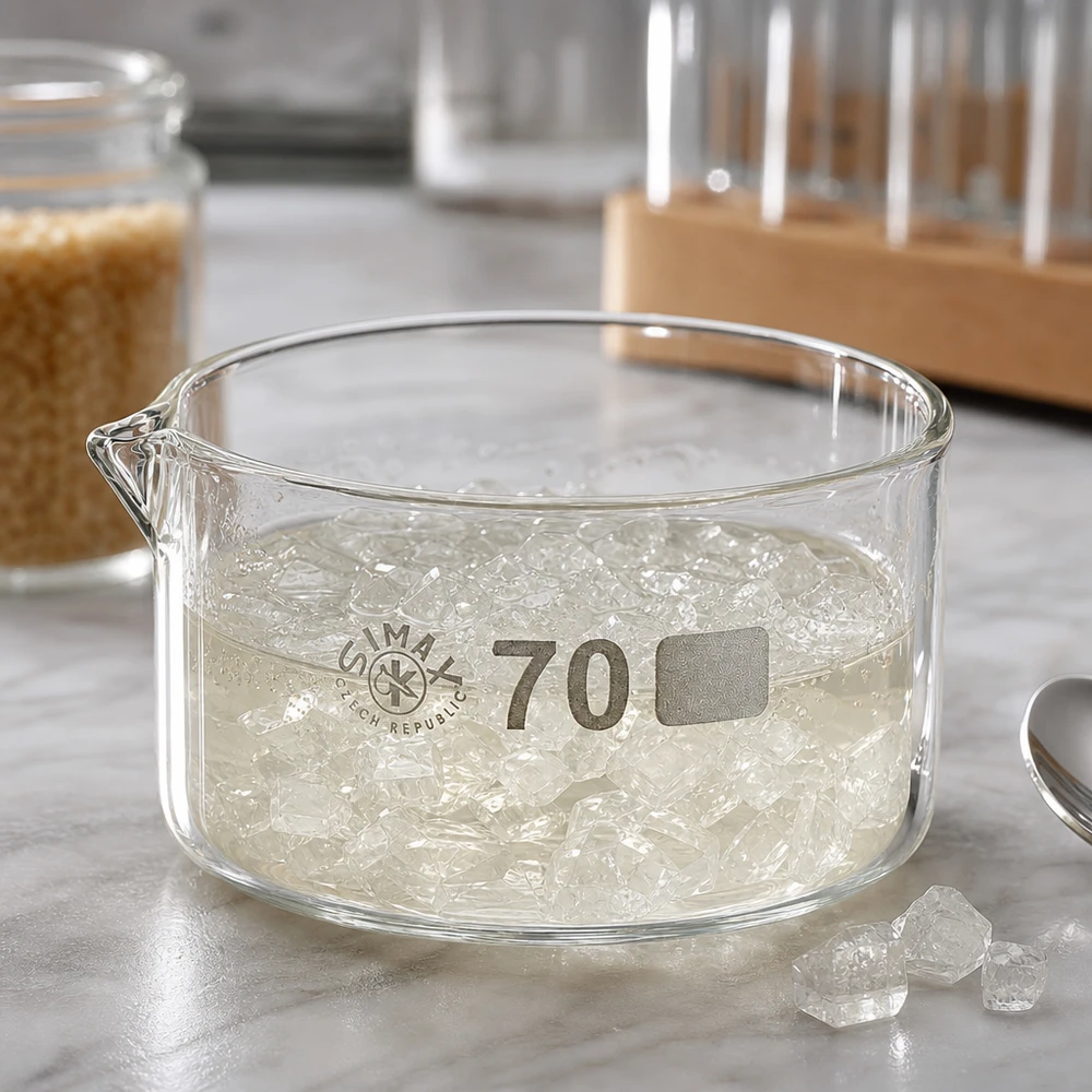 Kristalliseerschaal 100ml met schenktuit Lage glazen schaal met uitloop (ø 70 mm) en kristallen erin, in een keukenlaboratoriumomgeving