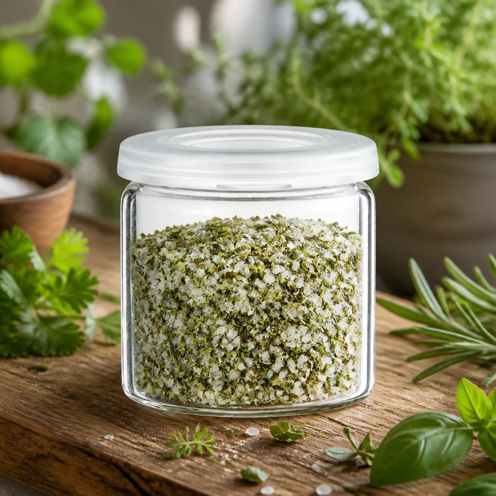 Kruidenpot-idee: 5ml tablettenglas helder glas incl. klikdeksel (rolrand glas) Cilindrisch helder glas met groen-wit kruidenzout naast rozemarijn, basilicum en koriander