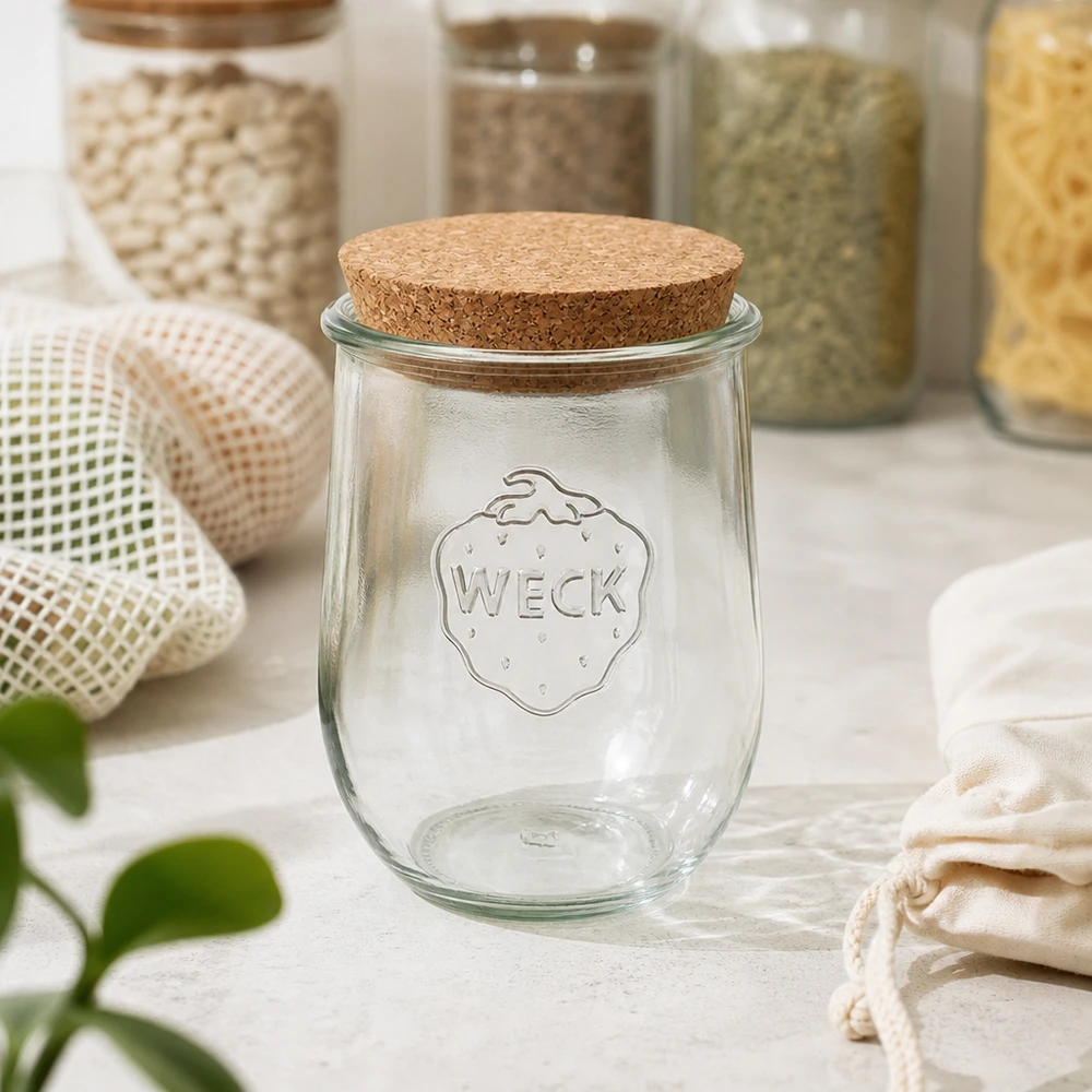 WECK inmaakpot RR100 1062ml met kurkdeksel in duurzame zero-waste keuken tussen voorraadpotten