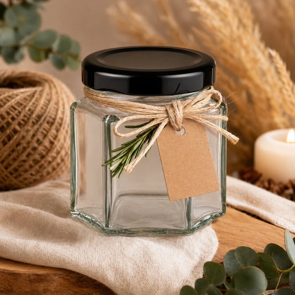 47 ml hexa potje met zwart deksel decoratief opgemaakt met jute lint en kruidentakje als cadeauverpakking