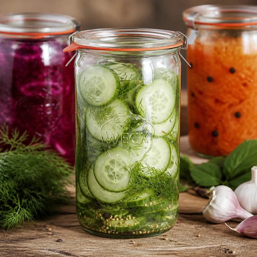 1590ml cilinderglas compleet WECK RR100 WECK cilinderpot 1590ml RR100 met ingemaakte komkommer schijfjes dille kruiden gefermenteerde groente conservering
