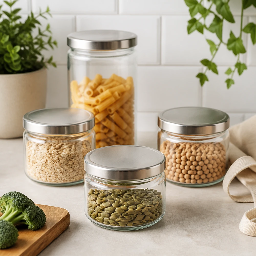 330ml rond glas met BasicSeal deksel zilver UNiTWIST 330ml ronde pot met BasicSeal deksel in moderne keuken scène met pasta linzen kikkererwten pompoenpitten voorraadpot set
