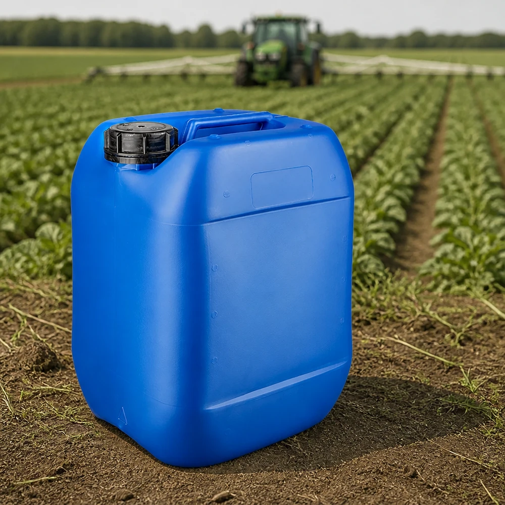Een dichte blauwe jerrycan van 10 liter met een zwarte OV-sluiting naast een tractor op een akker