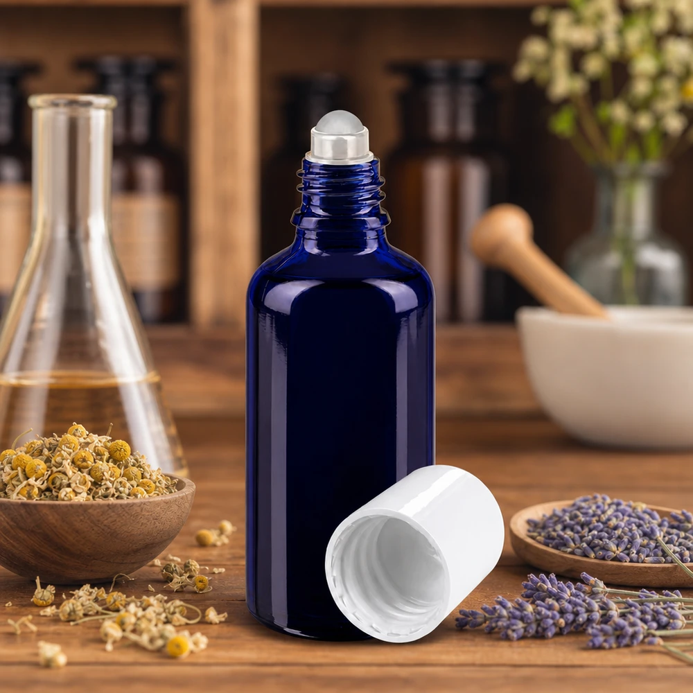 Aromatherapie-roll-onflesje van 50 ml, blauw met witte dop, naast een Erlenmeier-kolf en een vijzel