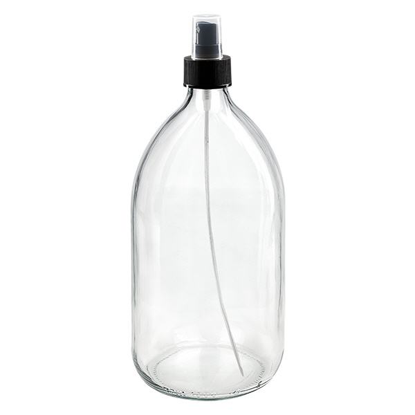 1000 ml Euro-medicijnfles helder met verstuiver zwart incl. dop transparant 1000 ml Euro-medicijnfles helder met verstuiver zwart incl. dop transparant