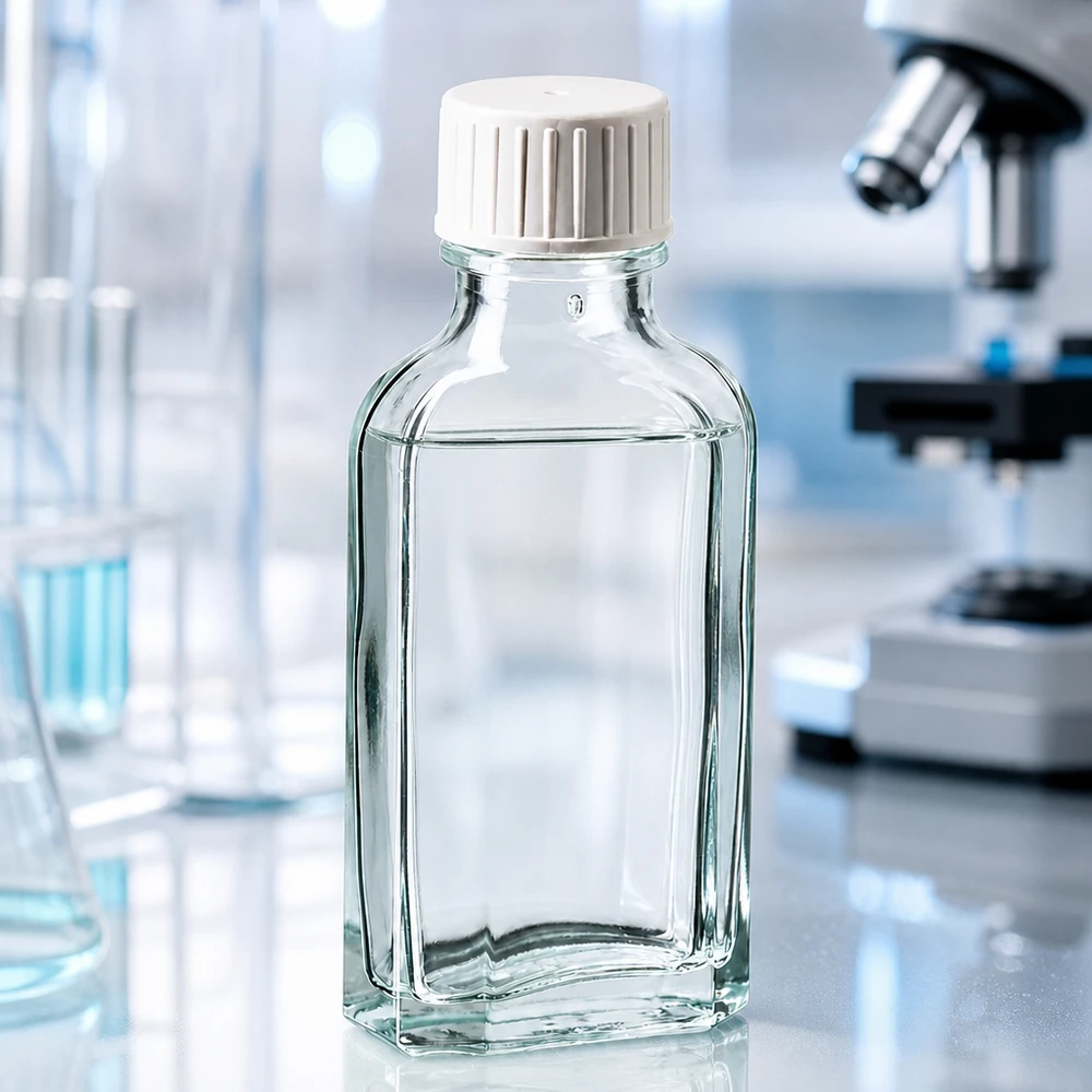 Glazen flesje van 50 ml, Meplat-vorm, met geribbelde witte dop, voor farmaceutische en cosmetische toepassingen