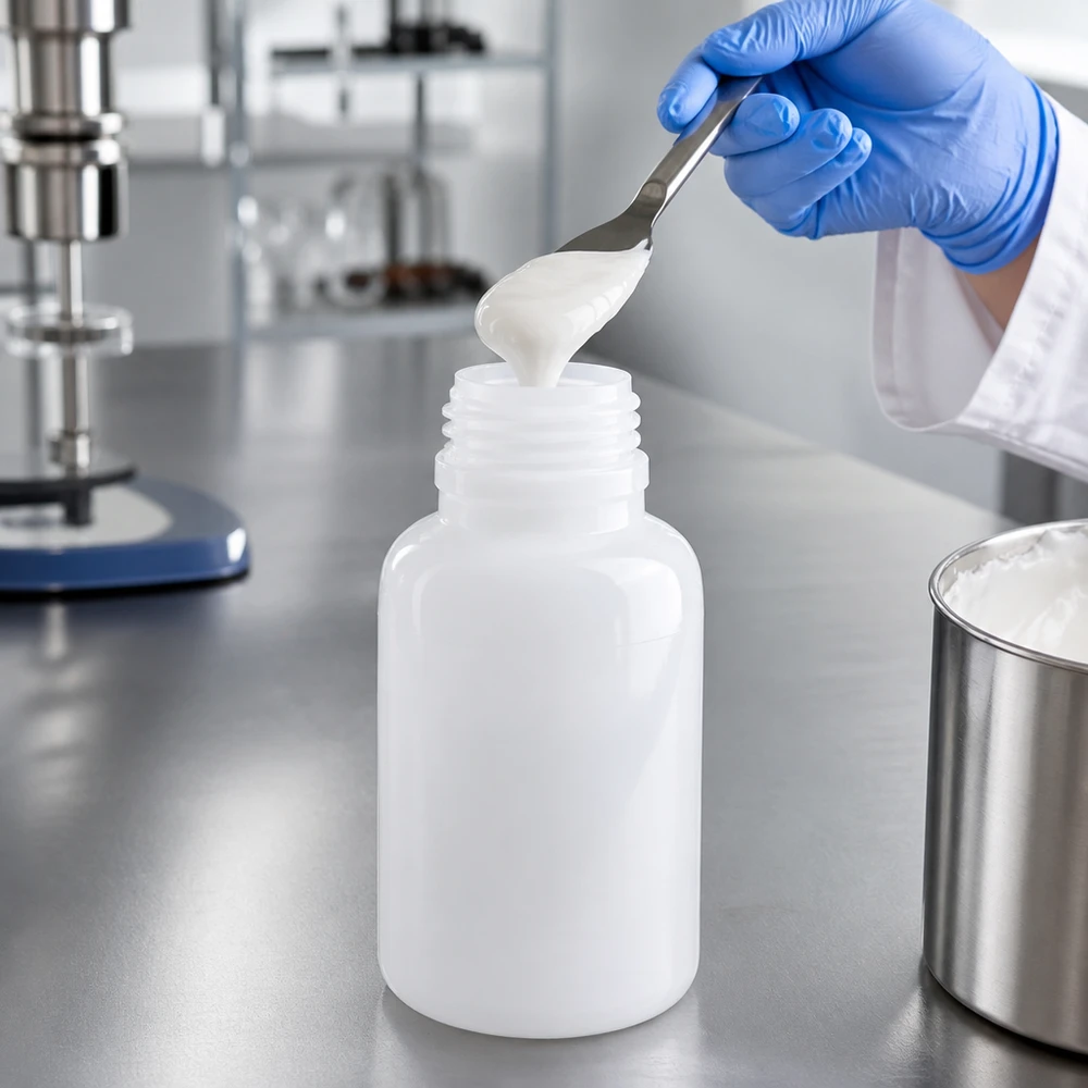 Halfdoorzichtige laboratoriumfles van 250 ml met brede hals naast een roestvrijstalen bak op een laboratoriumtafel