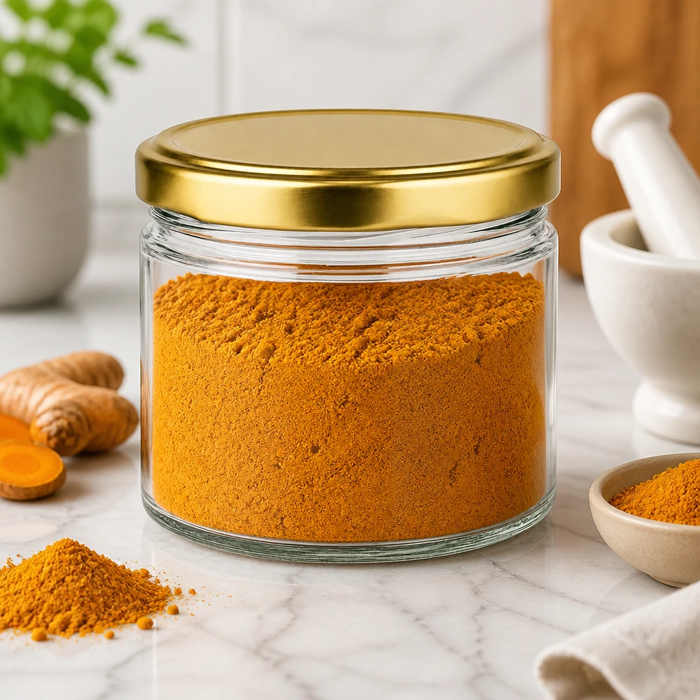 540 ml ronde pot met BasicSeal deksel goud gevuld met kurkumapoeder op marmeren werkblad Sfeer van de keuken