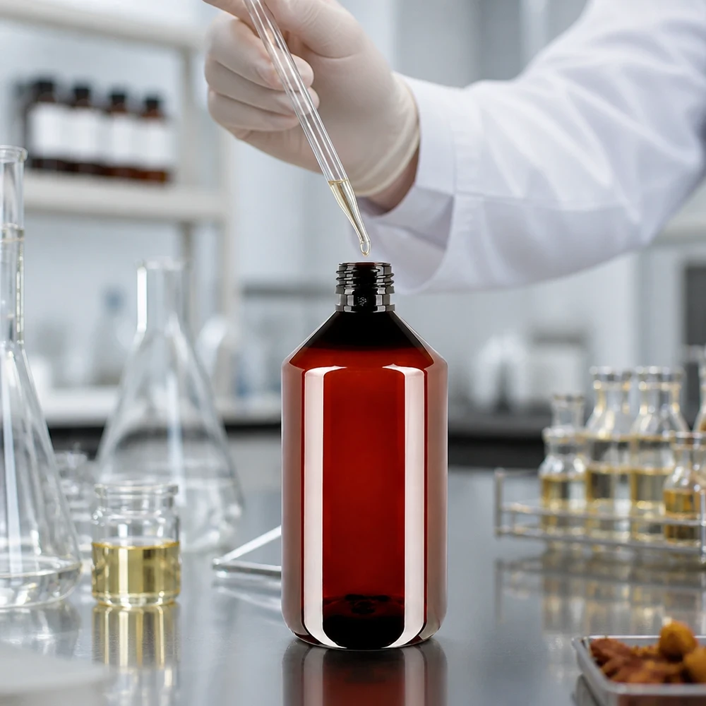 PET-fles 750ml PP28 zonder dop Lichtbestendige fles van 750 ml, gemaakt van PET in amberkleur, met PP28-opening voor oliën en tincturen