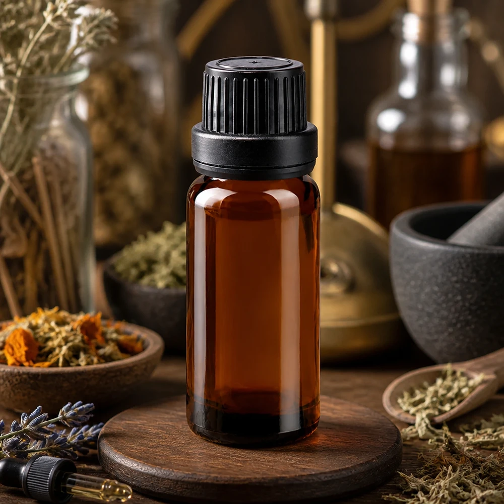 Bruin apothekersglasflesje van 10 ml met druppeldop voor natuurgeneeskunde en aromatherapie