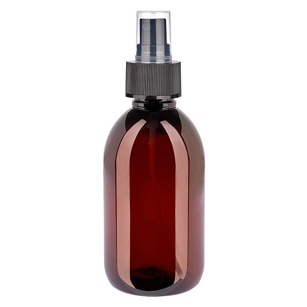 250 ml PET medicijnfles met verstuiver zwart GCMI 28/410 incl. dop transparant, standaard 250 ml PET medicijnfles met verstuiver zwart GCMI 28/410 incl. dop transparant, standaard