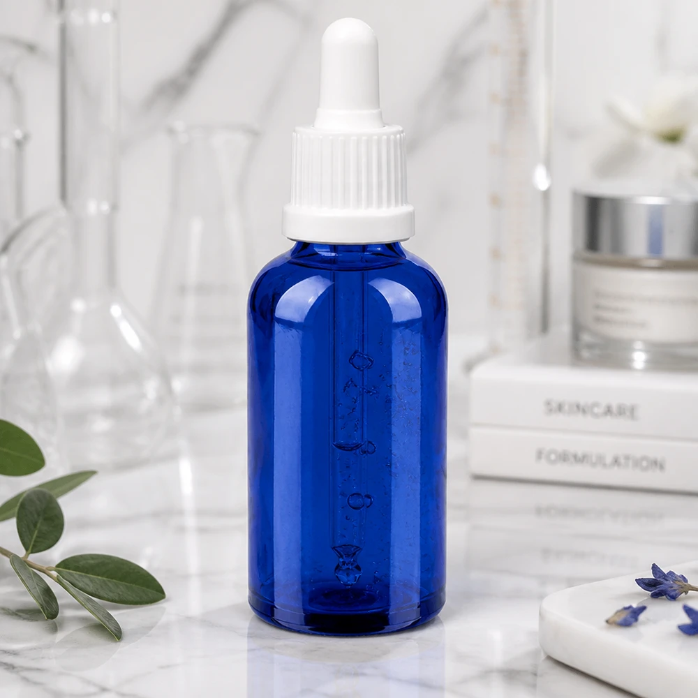 Blauwe 50ml glazen OV BlueLine UT18/50 fles met witte pipet voor exact portioneren