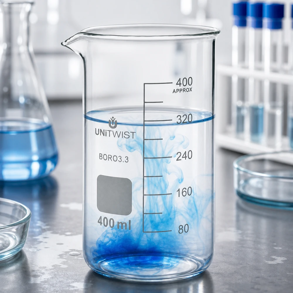 Geraffineerde laboratoriumbeker van 400 ml van borosilicaatglas met een blauwe inktwolk en een witte laboratoriumachtergrond
