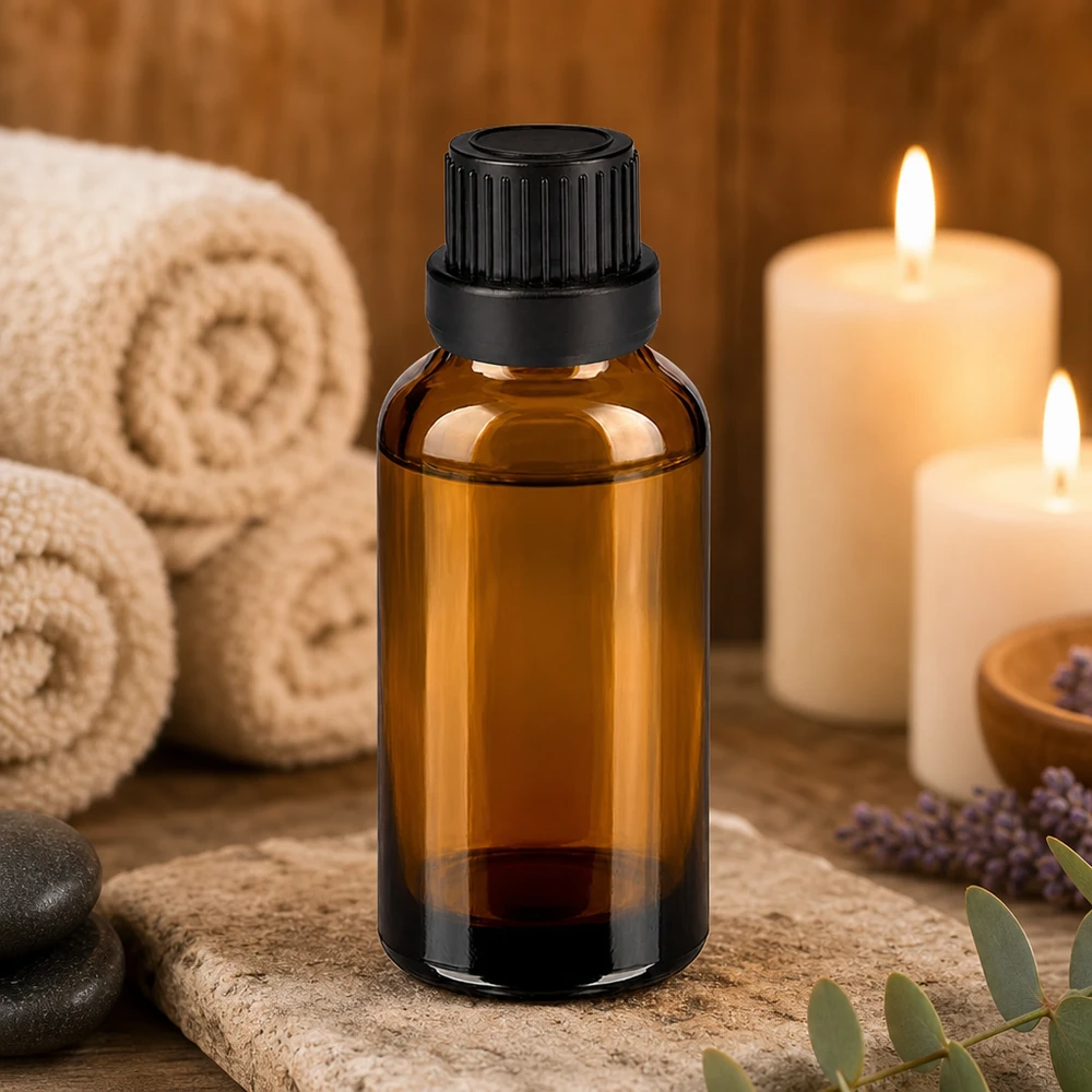 30ml fles 11mm SV zwart OV BrownLine UT18/30 Bruin glazen flesje 30ml met zwarte dop voor natuurlijke oliën en essences