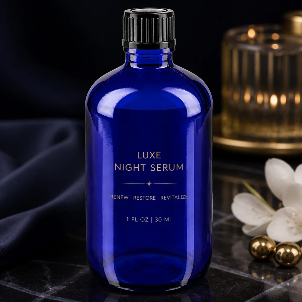 Blauwe glazen fles met UV-bescherming van 100 ml met zwarte standaarddop voor nachtserum