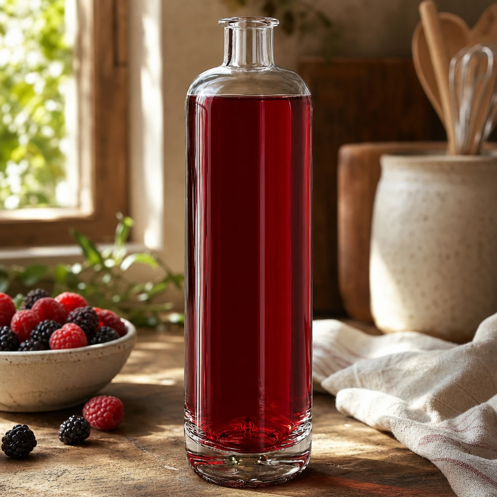 700 ml glazen fles Ella gevuld met rode bessensap naast verse frambozen en bramen in een rustieke keuken