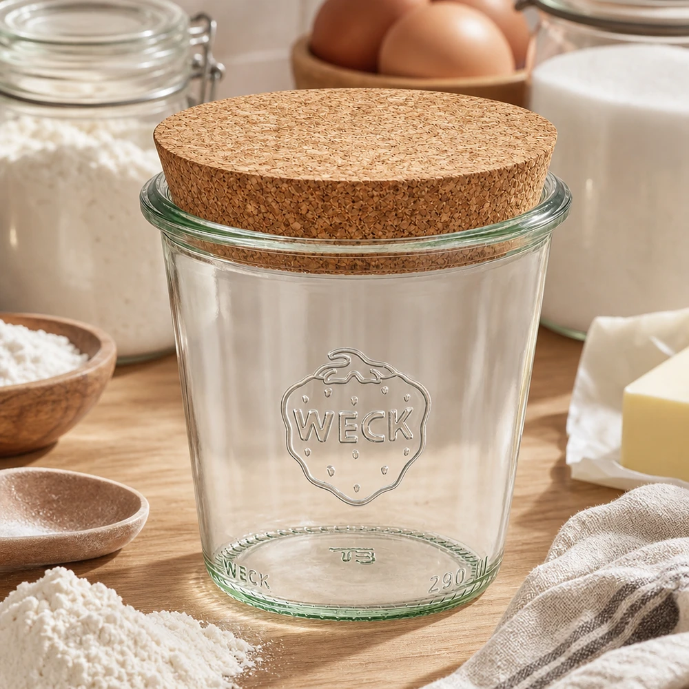 WECK beker 290ml RR80 met kurken deksel in keuken omringd door bakingrediënten bloem eieren en melk op een houten basis