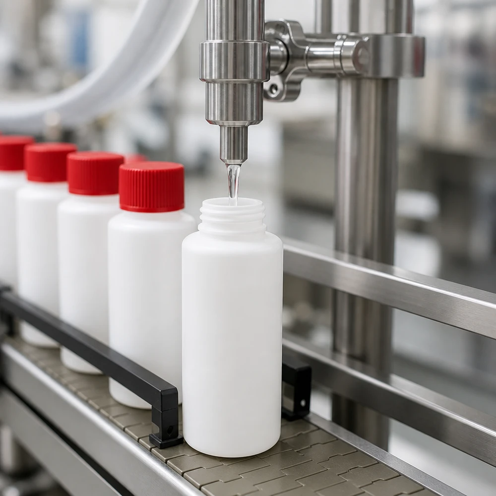 PET cilinderfles 30ml wit met schroefsluiting rood Witte ronde HDPE-fles van 30 ml met rode SV wordt nauwkeurig machinaal afgevuld in een farmaceutisch bedrijf