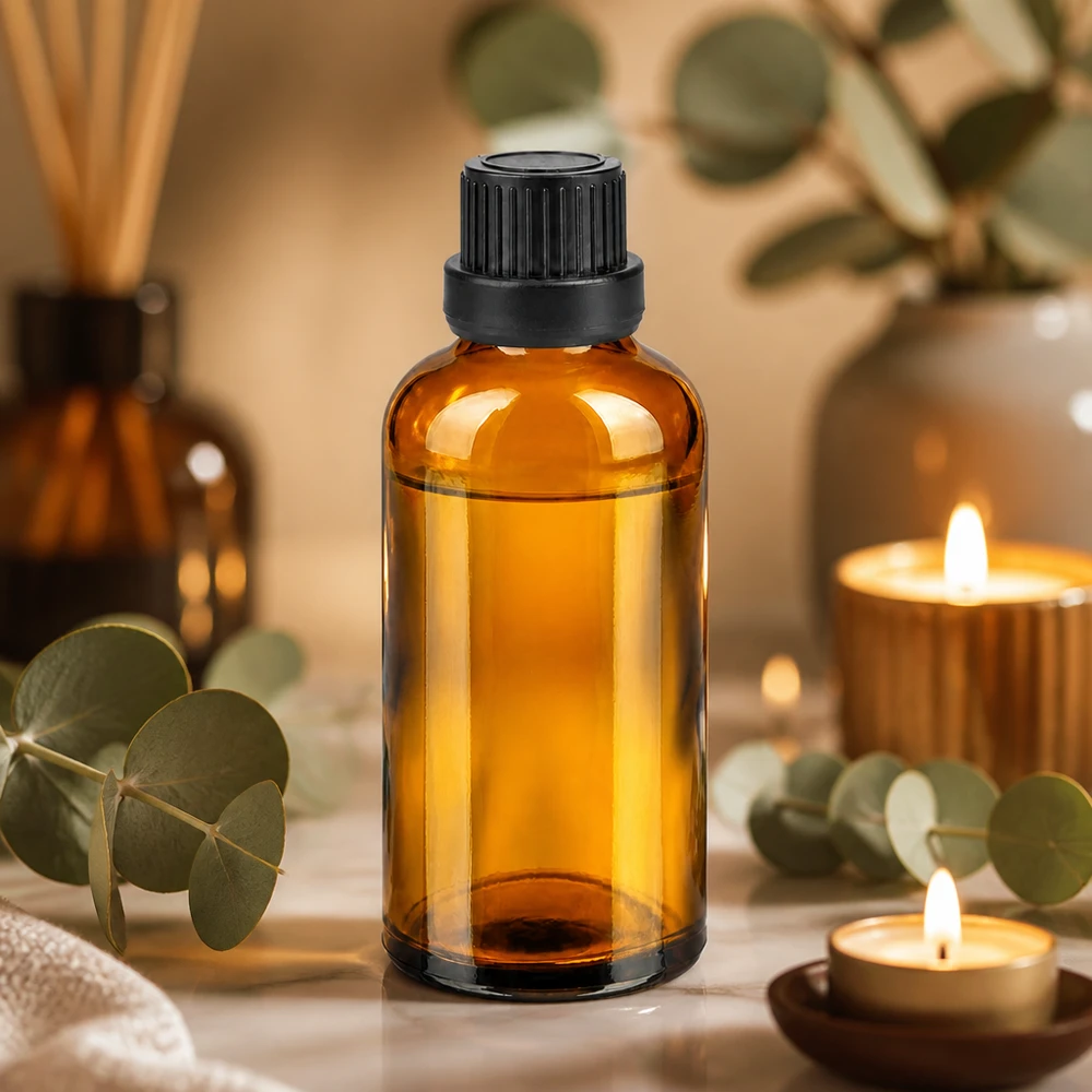 50ml fles 11mm SV zwart OV BrownLine UT18/50 Elegant apothekersflesje van 50 ml in amberkleur met zwart deksel voor oliën van hoge kwaliteit