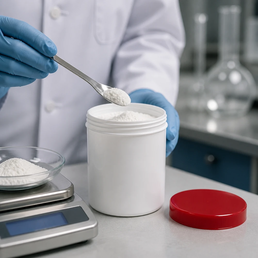 Zalfpot 100 g wit met rood schroefdeksel (PP) Cilindrische kruik van 100 g, gemaakt van wit PP met een rode deksel, naast een Erlenmeyer-kolf in het laboratorium
