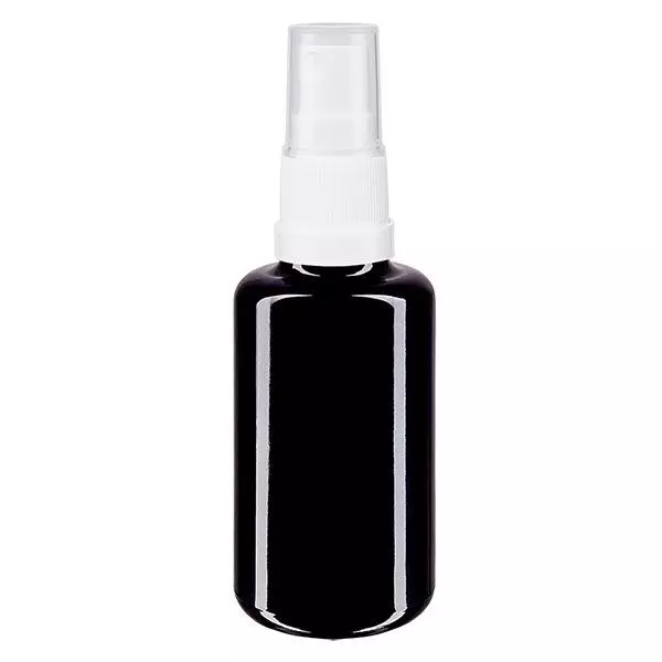 Fles violet glas 30 ml met pompverstuiver wit Fles violet glas 30 ml met pompverstuiver wit