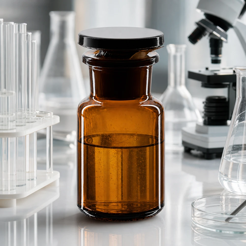 Compacte bruine glazen fles van 50 ml met brede hals voor reagentia, voorzien van een dichte glazen stop, voor gebruik in het laboratorium