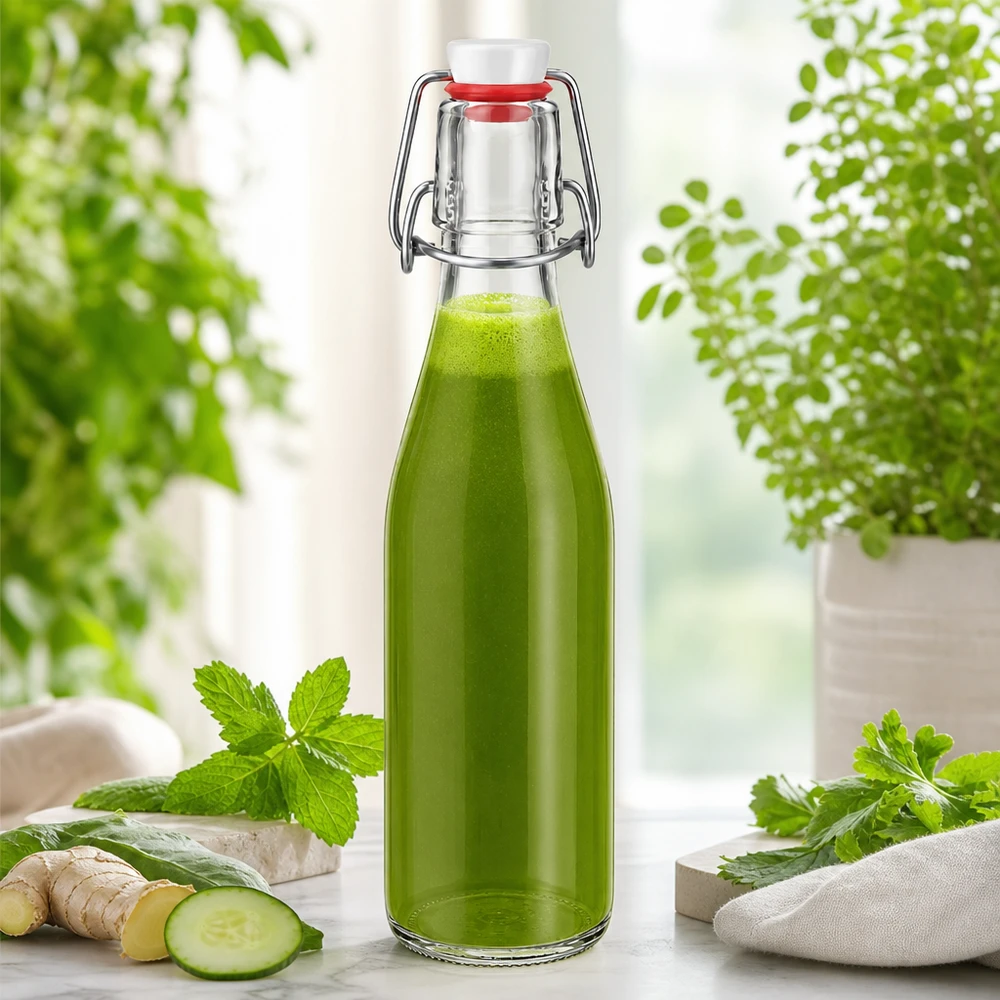 Glazen fles 250 ml + draaidop PVC UNiTWIST 250ml glazen fles met draaidop gevuld met groene smoothie, gember komkommer munt kruiden natuurlijke ingrediënten