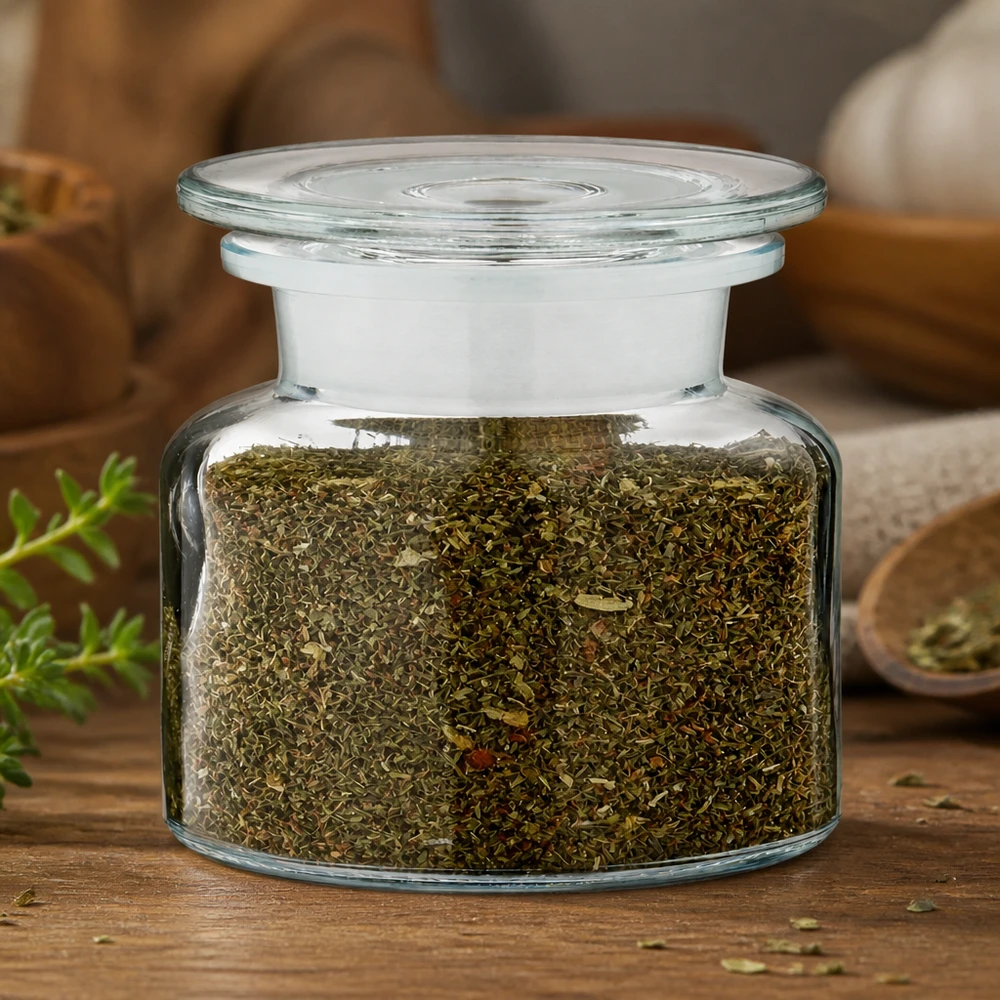 Doorzichtig kruidenpotje van 100 ml met brede hals, gevuld met een mengsel van gedroogde kruiden en een houten lepel