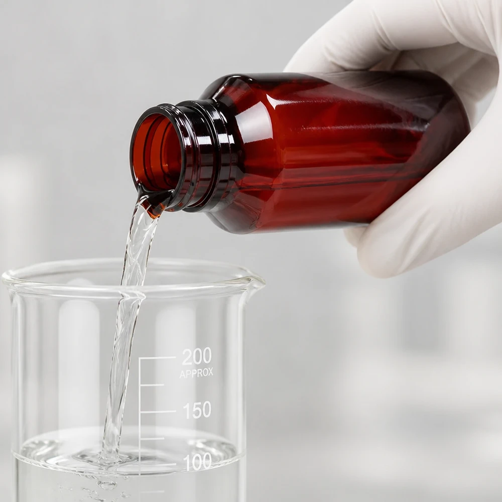 50 ml PET medicijnfles met wit dispenserpomp, standaard Schutzhandschuh hält braune 50ml Flasche beim kontrollierten Befüllvorgang im Labor