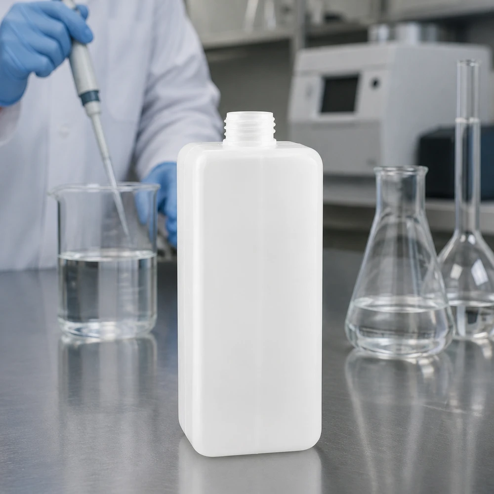 Chemicaliënfles 1000 ml, nauwe hals Stevige PE-HD-fles voor chemicaliën, 1000 ml, met smalle hals, voor veilige opslag van agressieve laboratoriumchemicaliën