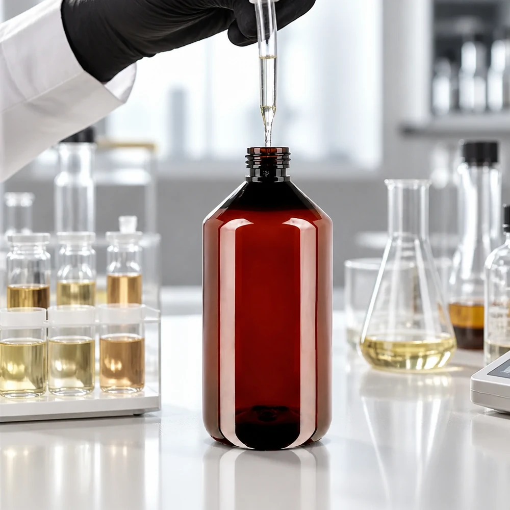 PET-fles 750 ml met bruine dop Standaard Bruine kunststof fles van 750 ml met UV-bescherming naast een glazen kolf en een monsterhouder