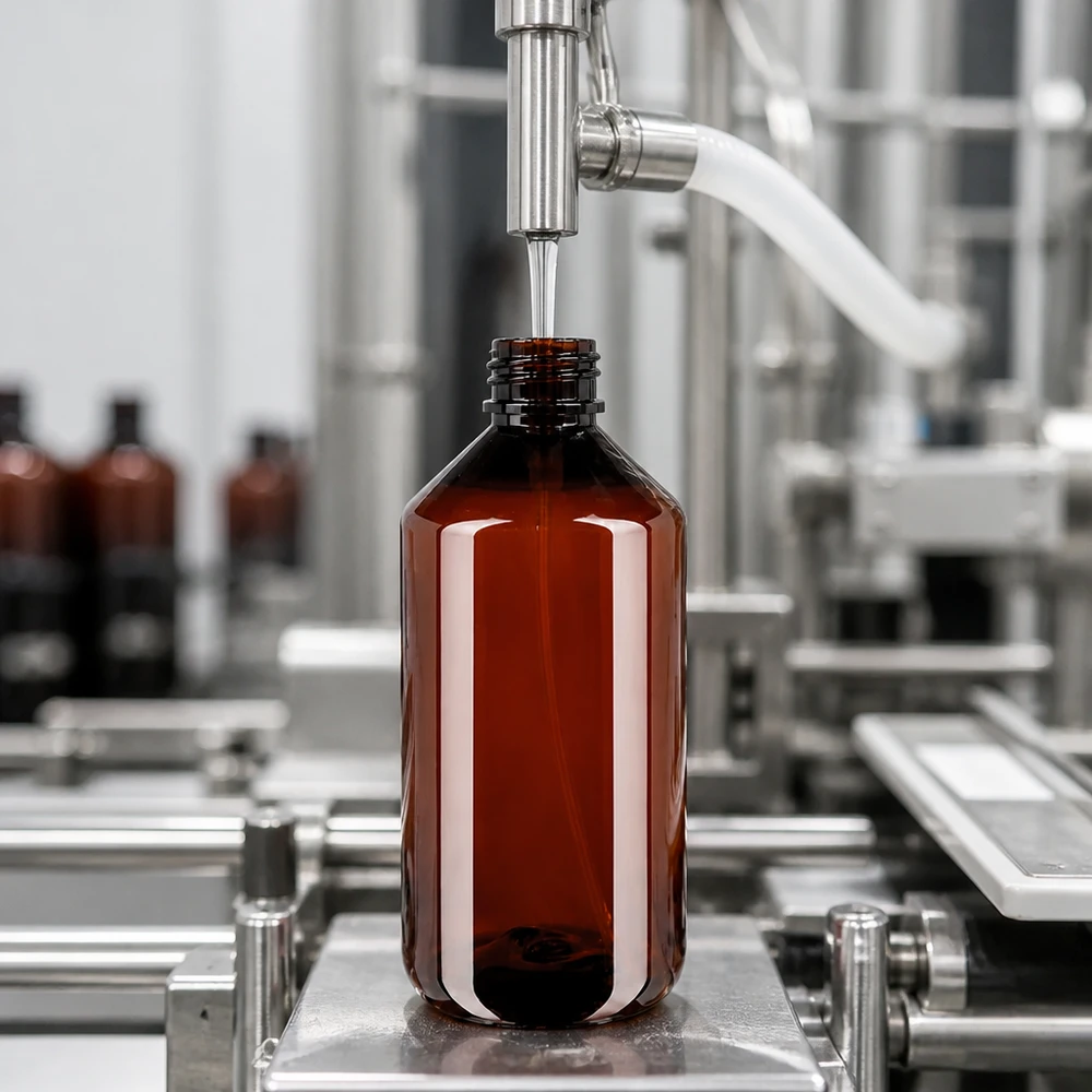 Productieproces van een bruine, lichtondoorlatende PET-fles van 750 ml voor gebruik met een verstuiver