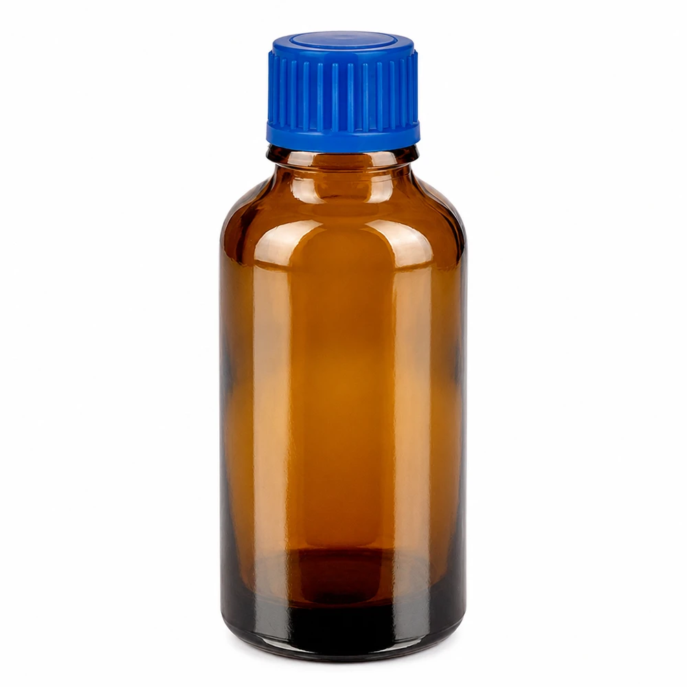 Compact amberkleurig glazen flesje van 30 ml met blauwe dop voor nauwkeurige dosering