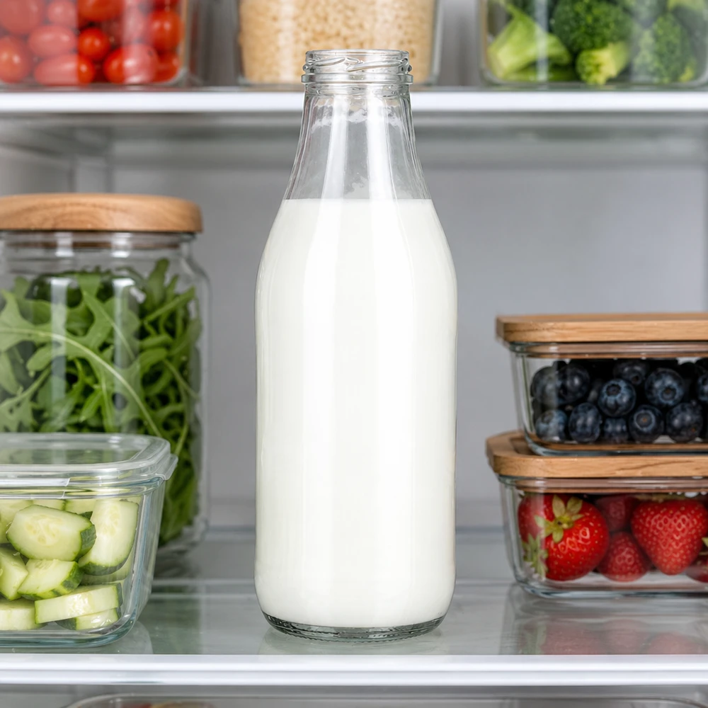 1000ml fles zonder deksel (TO48) UNiTWIST Milchflasche 1000ml Glas TO48 UNiTWIST mit frischer Milch im Kühlschrank neben Obst und Gemüse Kücheneinsatz