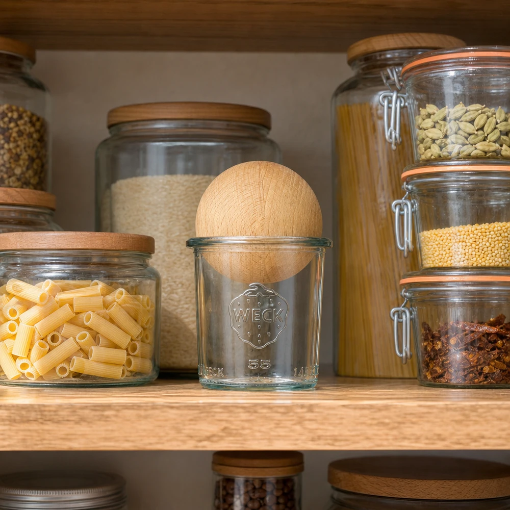 WECK pot 140ml RR60 met beukenhouten bol in georganiseerde voorraadkamer tussen andere voorraadpotten