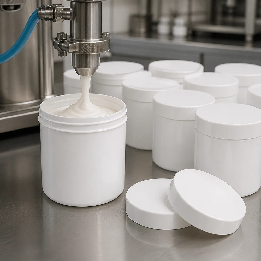 Zalfpot 250 g wit met schroefdeksel wit (PP) Automatisch afvullen van crème in witte zalfpotjes van 250 g met een witte PP-schroefdop