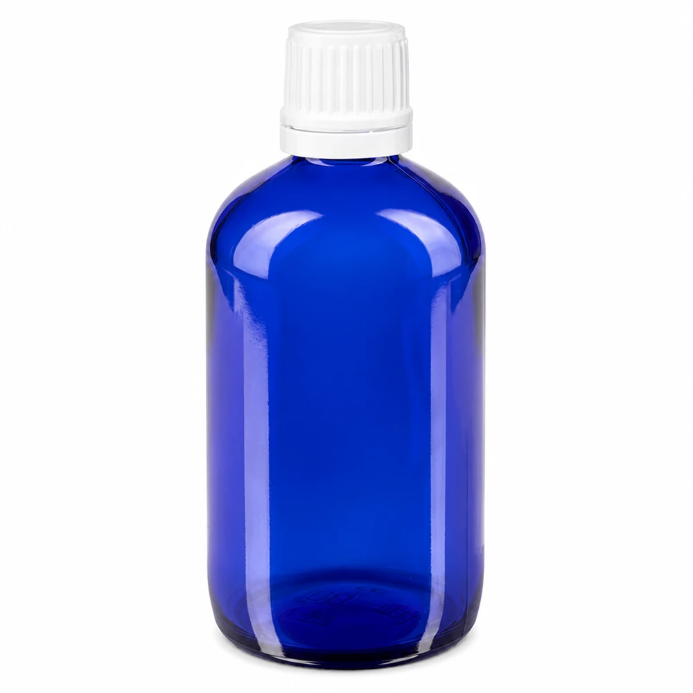 Blauw apothekersglas in cilindrische vorm met een witte veiligheidssluiting en een nauwkeurig doseerfopstuk