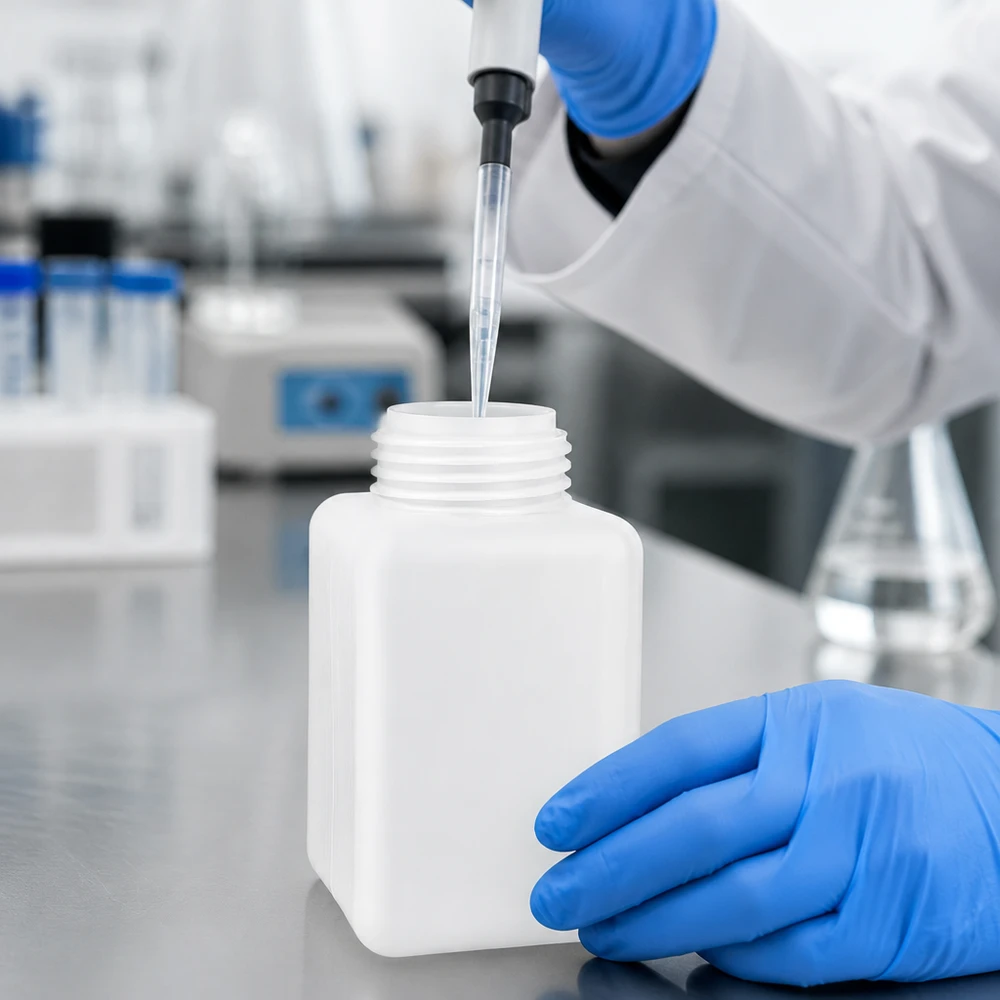 Chemicaliënfles 1000 ml, wijde hals Chemicaliefles van 1000 ml, gemaakt van polyethyleen met hoge dichtheid, voor veilige opslag in het laboratorium