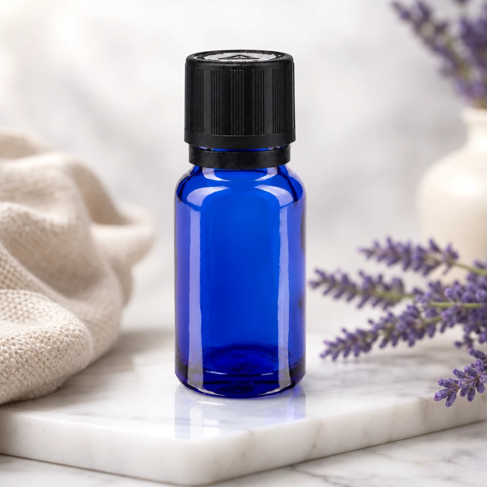 Blauwe glazen flessen 10ml met zwart 1mm druppelstop KiSi Bliw OV Blauw medicijnflesje van 10 ml, gemaakt van hoogwaardig apothekersglas, met een kindveilige zwarte dop